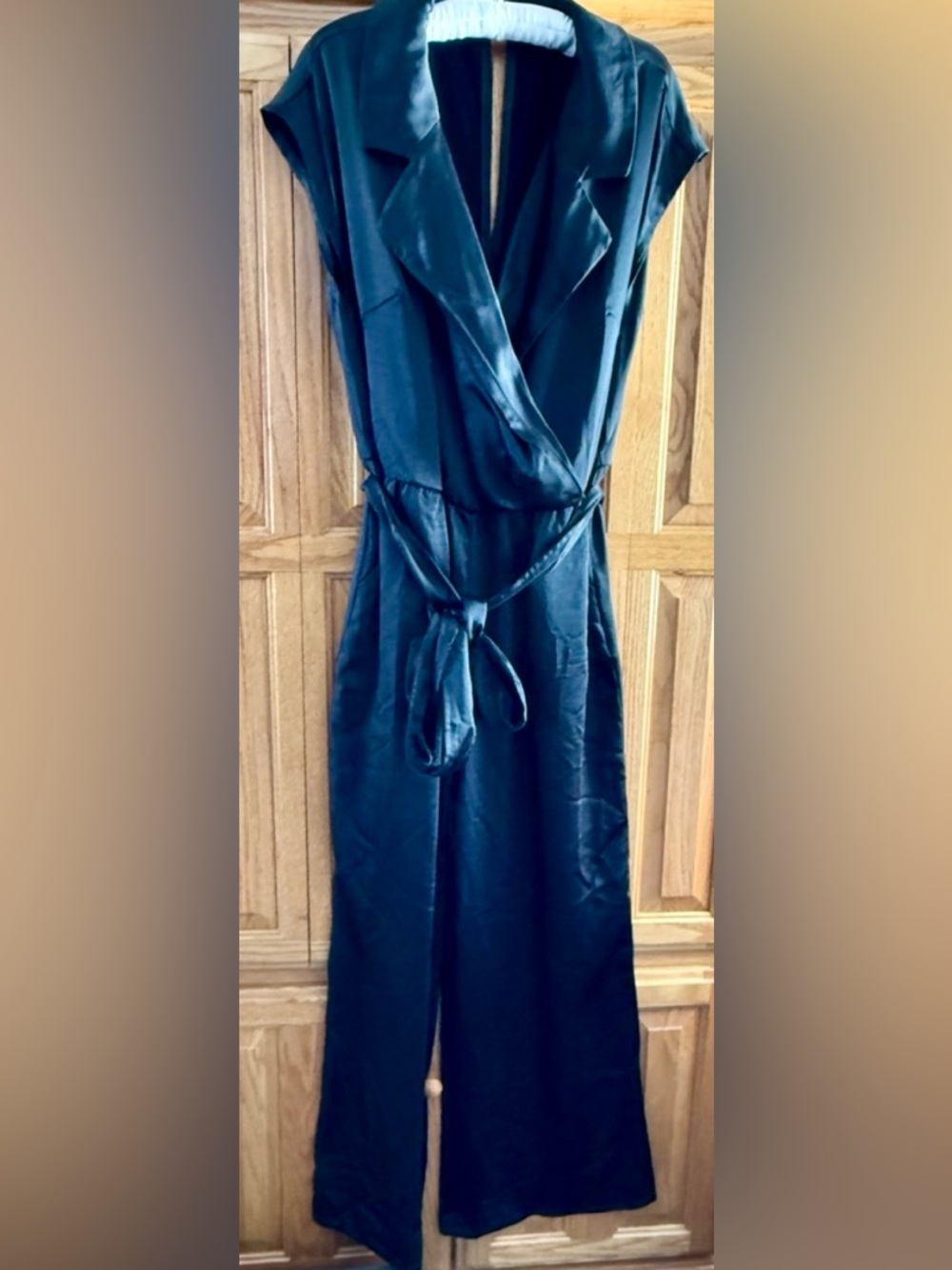 Bar III 1X Black Wide Leg Jumpsuit Belted Wrap Notch Lapel Work Evening Plus